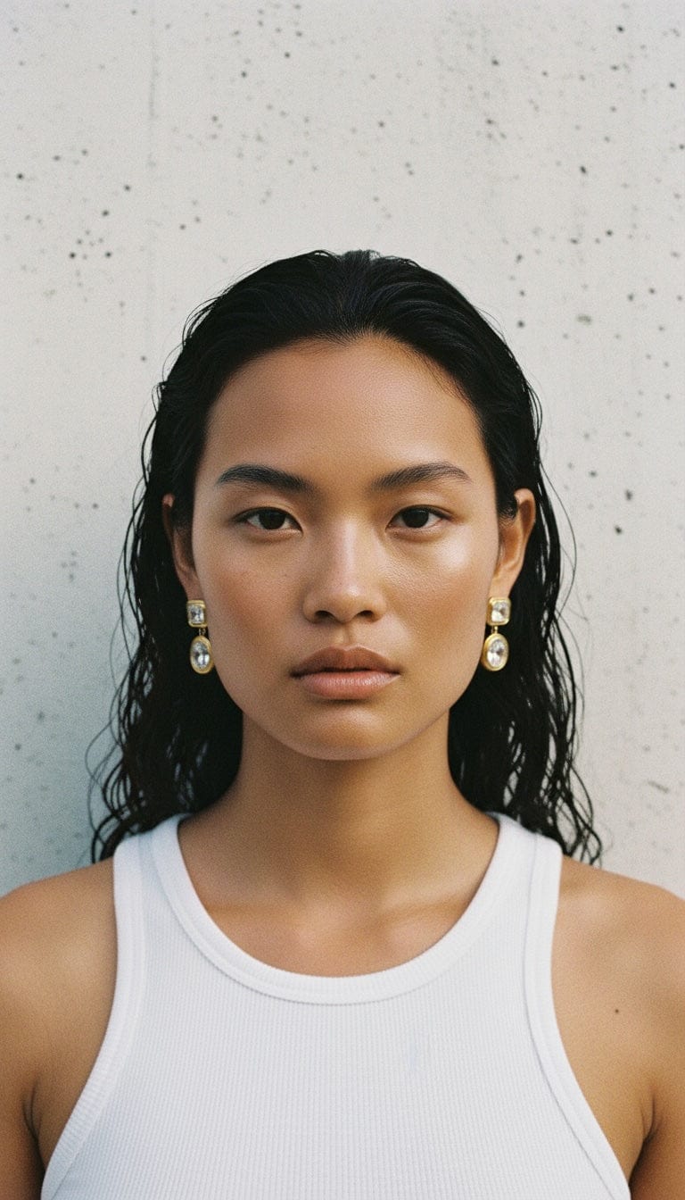 The Perfect Hoop Bezel Drop Earrings styled on model with slicked hair and natural makeup, front facing and emphasizing the stacked crystal drop detail.