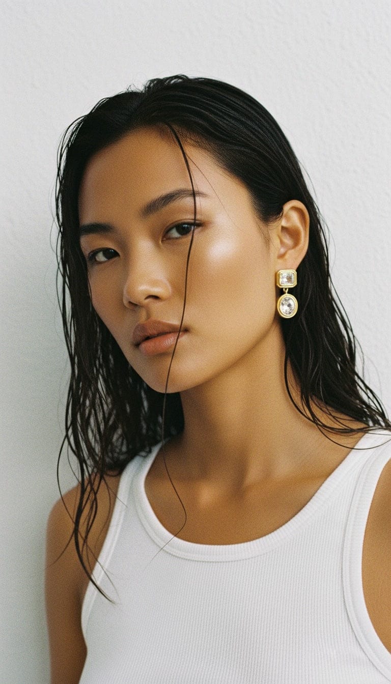 The Perfect Hoop Bezel Drop Earrings styled on model with slicked hair and natural makeup, emphasizing the stacked crystal drop detail.