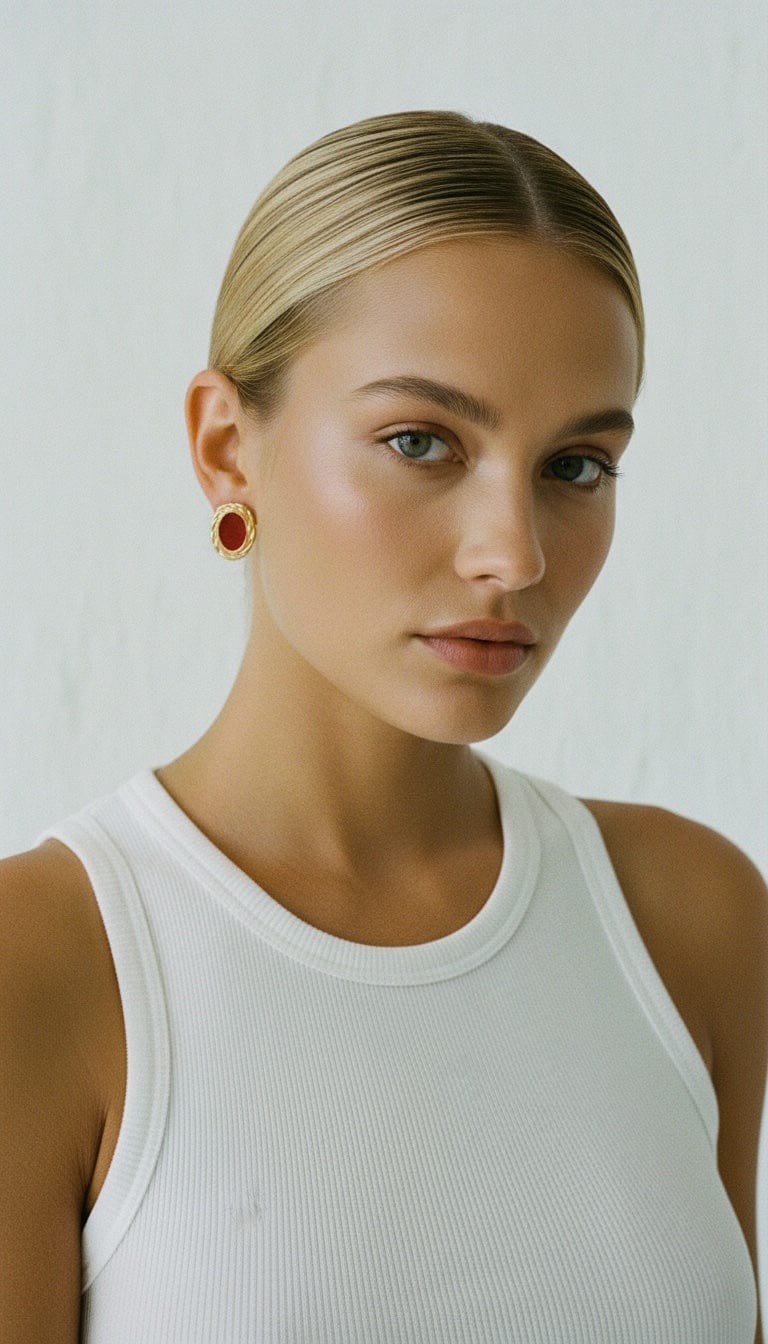 The Perfect Hoop Cielo Earring in red worn by model with slicked-back blonde hair , showing its bold red centre and vintage-inspired gold detailing in a slightly angled ear shot.