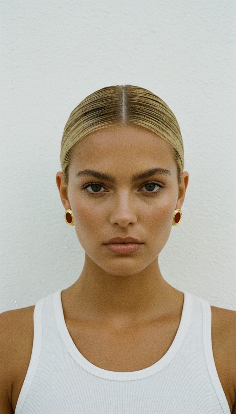 The Perfect Hoop Cielo Earring in red worn by model with slicked-back blonde hair , showing its bold red center and vintage-inspired gold detailing.