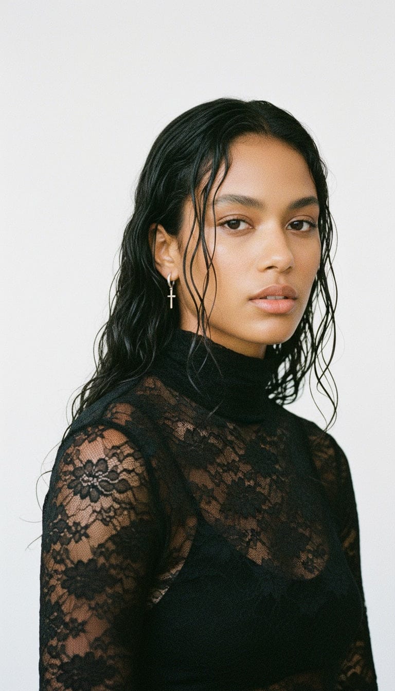 Model wearing a black lace top against a white background, wearing the silver Cross Drop Hoop by The Perfect Hoop