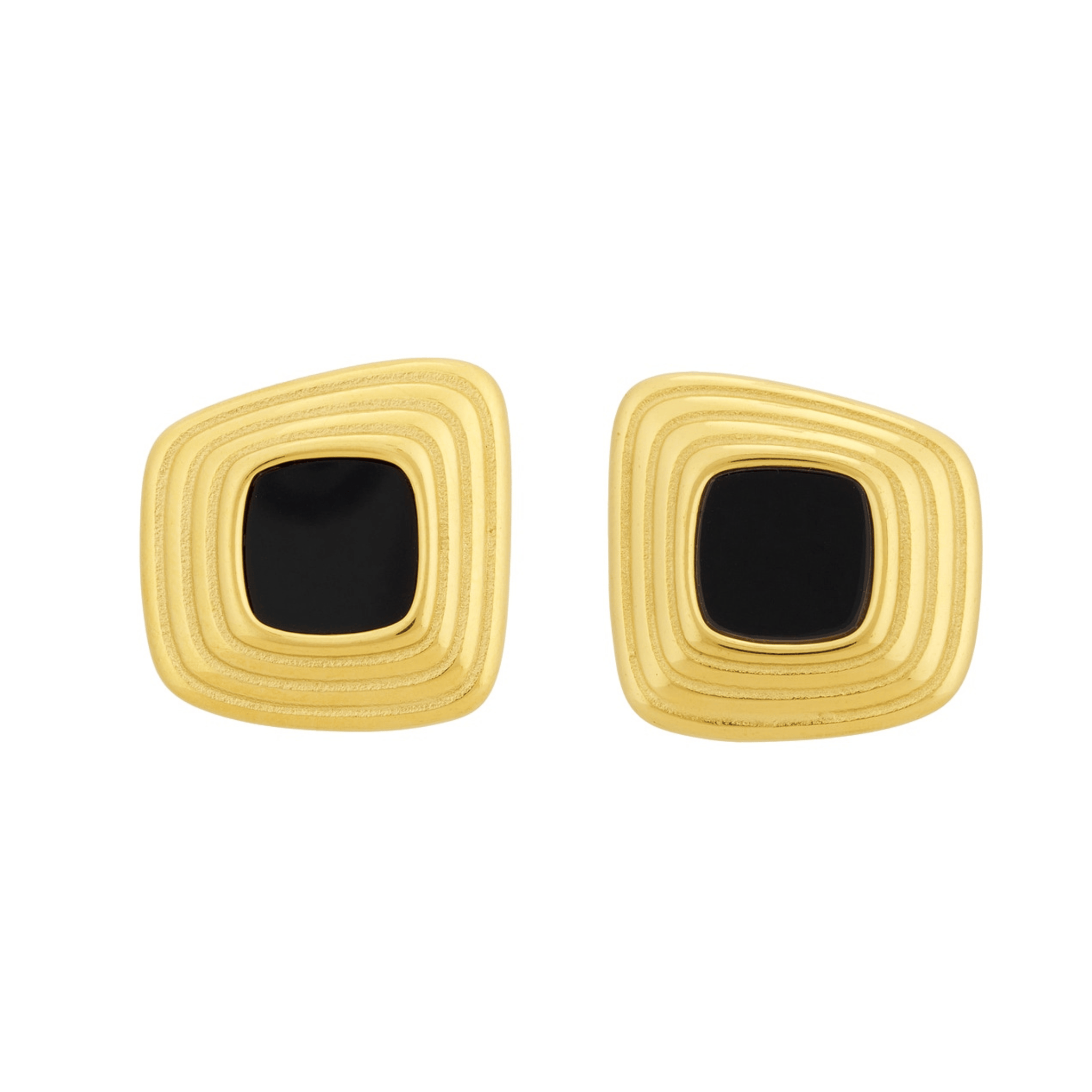 The Perfect Hoop Ebony Stud Earrings with layered square gold frames and glossy black enamel centers, shown on white background for product display