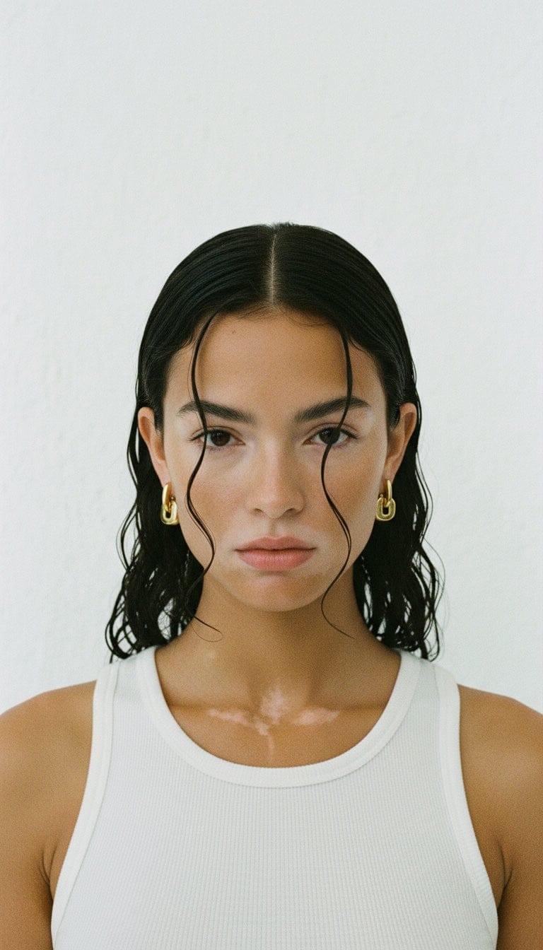 The Perfect Hoop Locket Drop Hoops styled on model with wet hair and neutral makeup, showing the modern linked lock-inspired drop design.