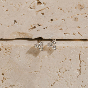 A pair of Stella Stud Platinum earrings lays wedged between two porous stone blocks, the details within the outward-facing crystals accentuated as they sparkle in the light. 