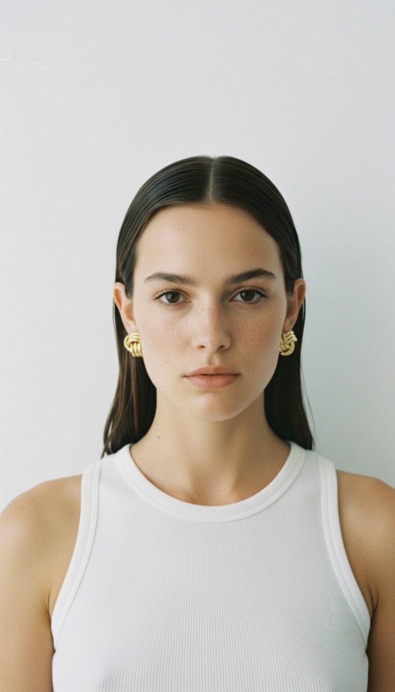 The Perfect Hoop Infinity Earring modeled on ear, sculptural spiral design creating visual texture with radiant gold finish