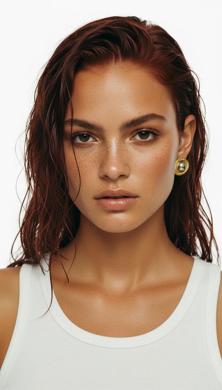 The Knot Earring by The Perfect Hoop styled on model with auburn wet-hair look, showcasing its classic stainless steel domel and gold twist design.