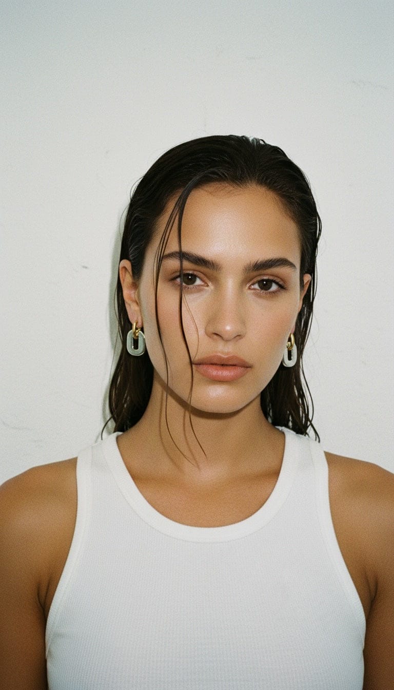 The Perfect Hoop Locket Drop Hoop Grande styled on model, showing bold scale and elegant curve against natural stone color backdrop