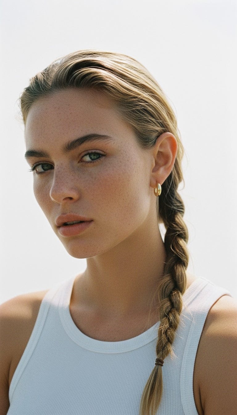Model with a braid wearing a white tank top and mini gold crescent earrings by The Perfect Hoop, against a light background.