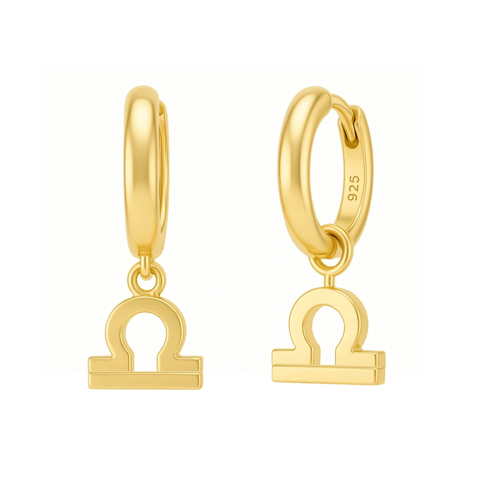 Gold hoop earrings with zodiac symbol charms on a white background by The Perfect Hoop.