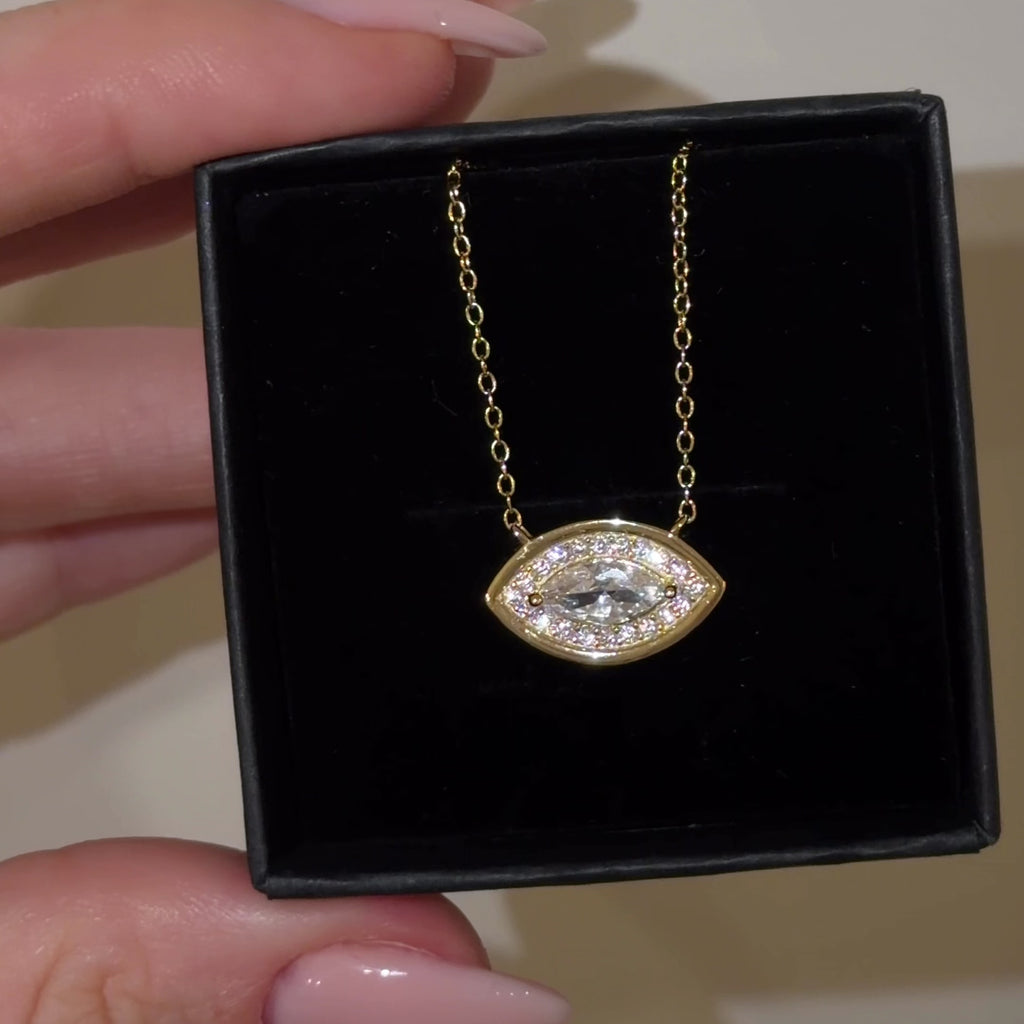 The Perfect Hoop Nazar Eye Necklace Luxe displayed in gift packaging featuring a pavé evil eye pendant with a brilliant centre stone