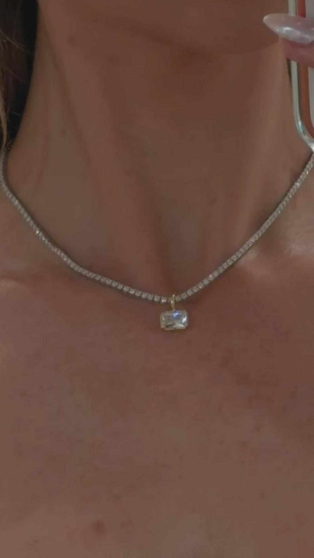 The Perfect Hoop Skylar Tennis Necklace | Luxe worn on model featuring a customizable moissanite tennis necklace with interchangeable crystal charms