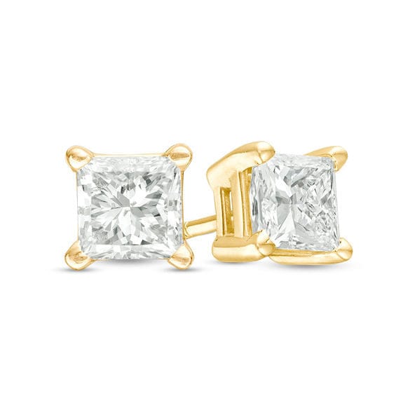 The Perfect Hoop Princess Stud earrings in gold, featuring a pair of square-cut clear crystals in classic four-prong settings on a white background.