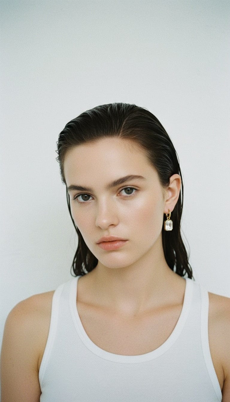 Model wearing The Perfect Hoop Sahara Drop Hoop earring in Clear Crystal. Gold-plated huggie with transparent emerald-cut crystal drop, styled against white background.