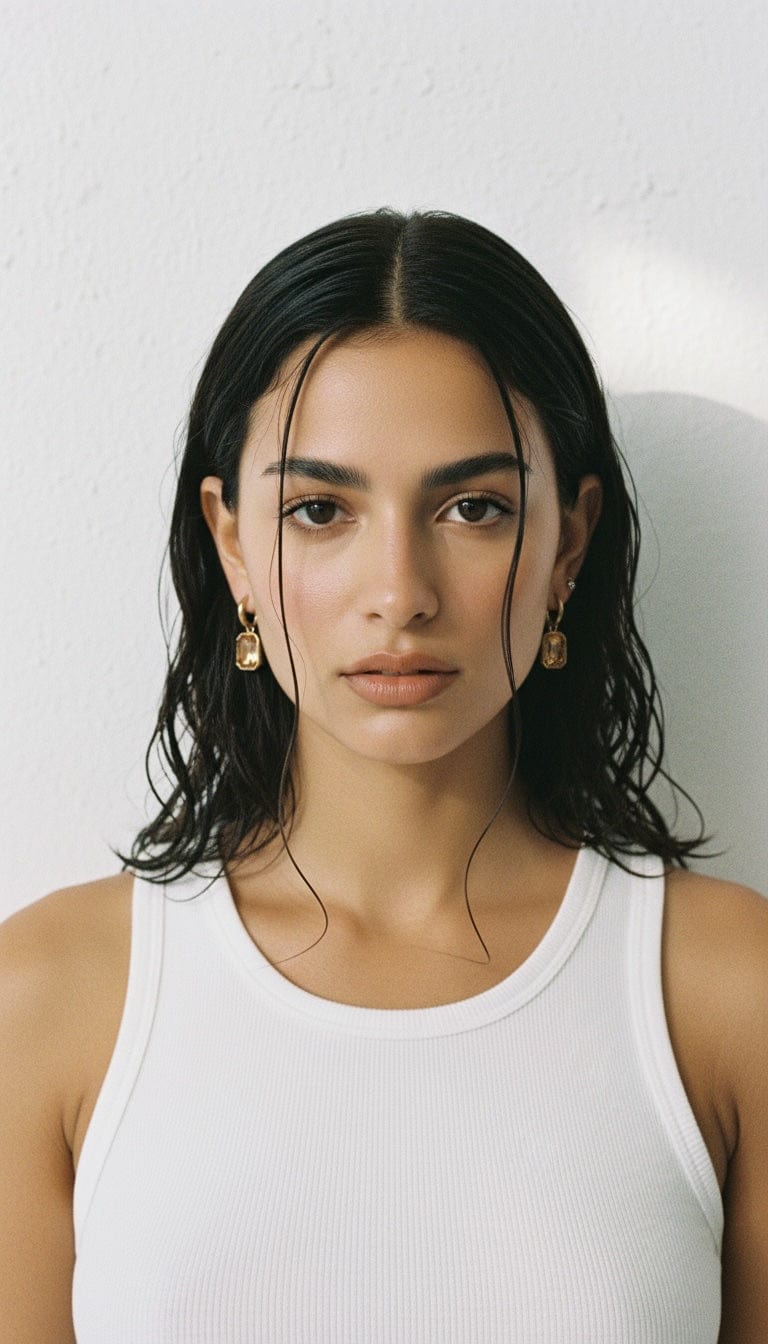 Model wearing The Perfect Hoop Sahara Drop Hoop earring in Desert Sand. Gold huggie earring with amber-toned emerald-cut crystal drop, styled with white tank top.