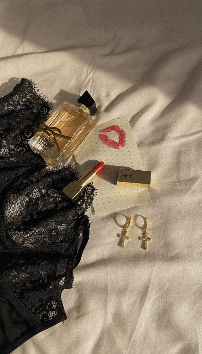 The Perfect Hoop Saint Drop earrings laid flat on neutral-toned fabric, featuring crystal-accented cross drops with gold hardware, lipstick tube and perfume bottle