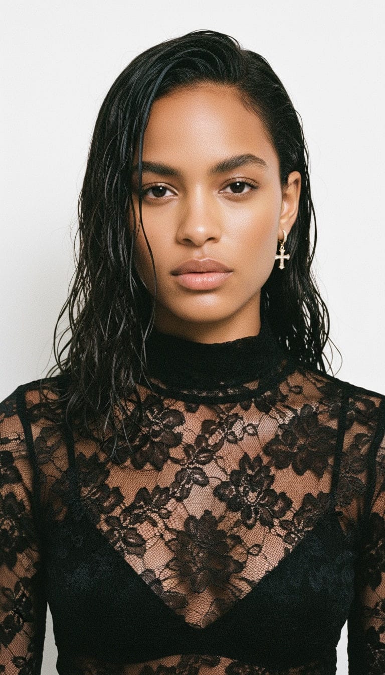 Model wearing a black lace top against a white background and The Saint Drop Hoop by The Perfect Hoop