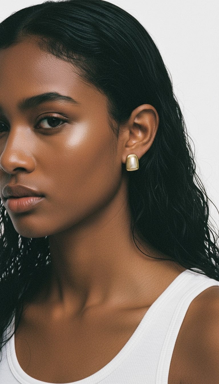 The Soho Earring by The Perfect Hoop, worn by model with slicked-back hair and eveningwear styling, showcasing the earring’s modern edge
